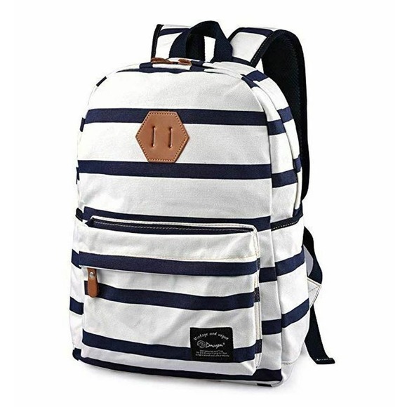 DGY Canvas Laptop Backpack WHITE BLUE STRIPE FITS 14" LAPTOP - Picture 2 of 6